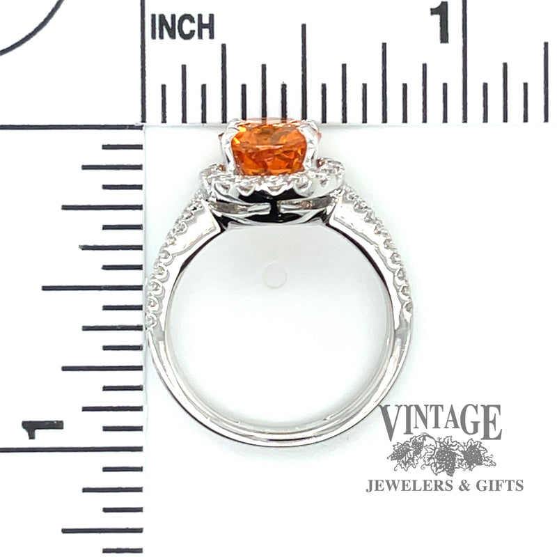 18 karat white gold 3.56 carat mandarin garnet and diamond ring, showing measurements