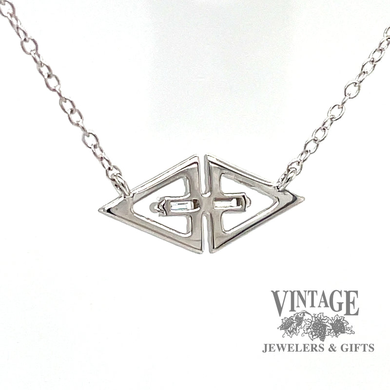 14 karat white gold diamond marquise shaped outline pendant, rear view