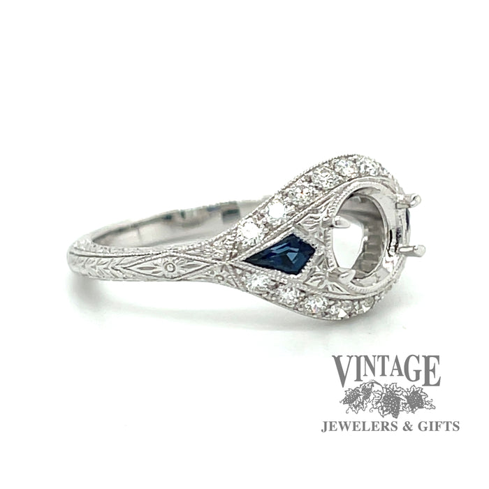 Art Deco inspired sapphire and diamond hand engraved 14kw ring