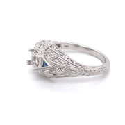 14 karat white gold diamond and sapphire semi mount ring, angled view