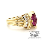 14 karat yellow gold .95 carat marquise pink tourmaline and diamond ring, angled view
