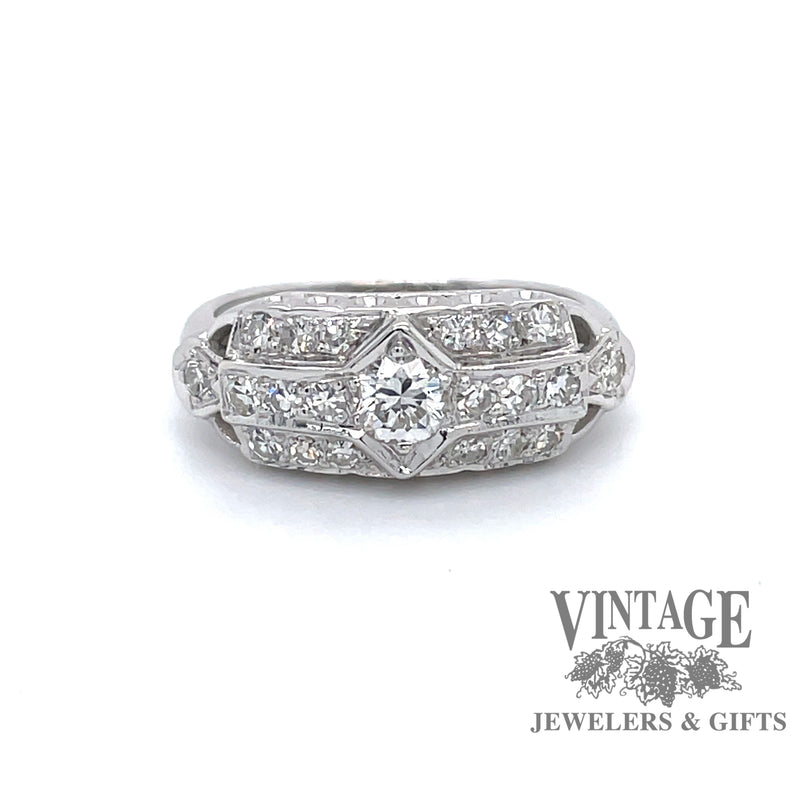14K white gold vintage 3 row diamond band