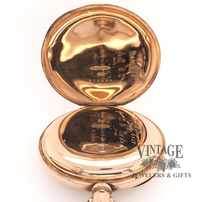 American Waltham pocket watch with solid 14k gold case, inside, dust cover