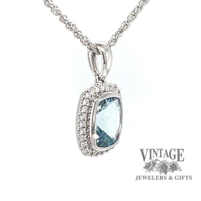 14 karat white gold 1.02ct aquamarine diamond halo pendant, angled view