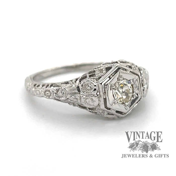 18 karat white gold .25ct diamond filigree ring, angled front/side view