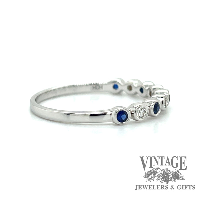 14 karat white gold diamond and sapphire “bubble” ring, side view