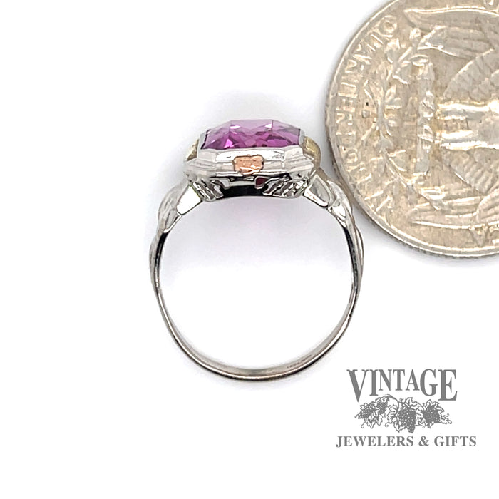 10 karat three tone gold pink sapphire vintage ring, side view through ring, shown with quarter for size reference