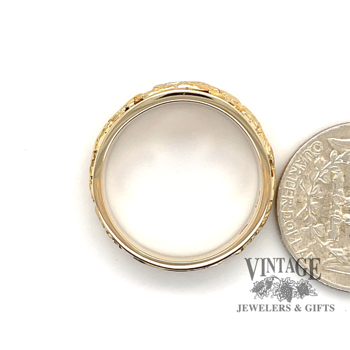 14 karat yellow gold band ring with diamonds and natural Gold nugget inlay, side view through finger, shown with quarter for size reference