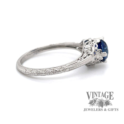 14 karat white gold 1.15ct natural blue sapphire filigree solitaire ring, side view