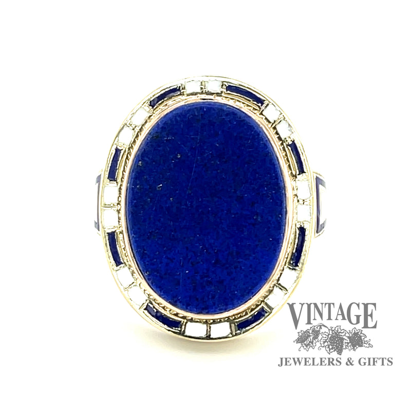 14 karat yellow gold vintage Lapis and Cloisonné glass fused enamel ring