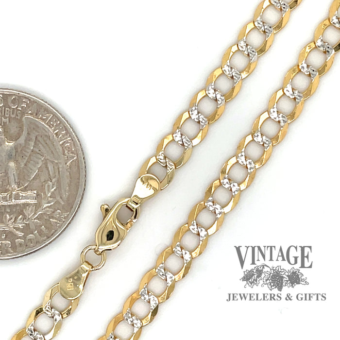 14 karat yellow gold 22" two tone solid curb link chain, shown with quarter for size reference