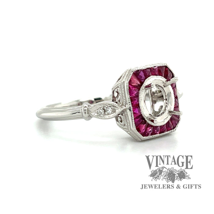 Platinum ruby and diamond ring mounting, angled view