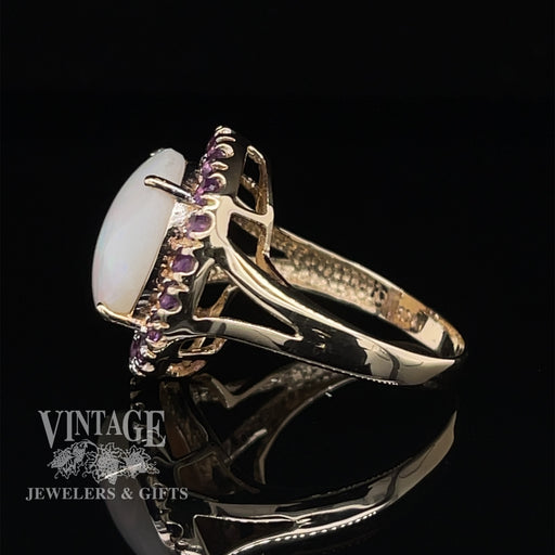 10 karat yellow gold white opal and amethyst halo ring, side view