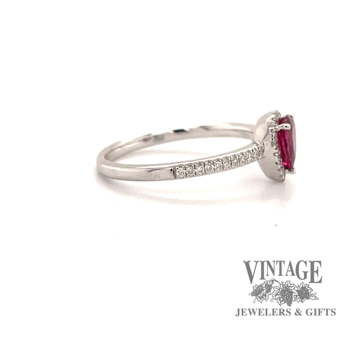 14 karat white gold pear shape ruby ring with diamond halo, side view