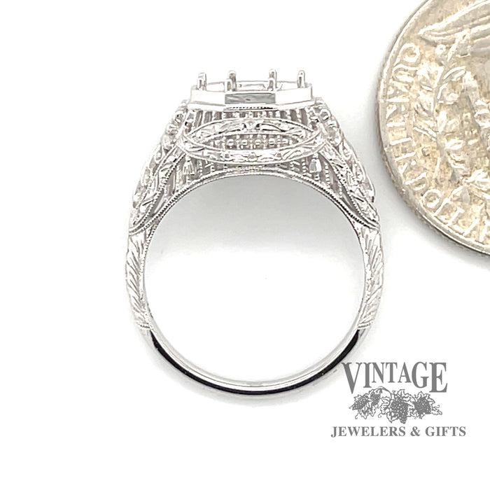 14 karat white gold hand engraved octagonal ring mounting,  side view through ring, shown with quarter for size reference