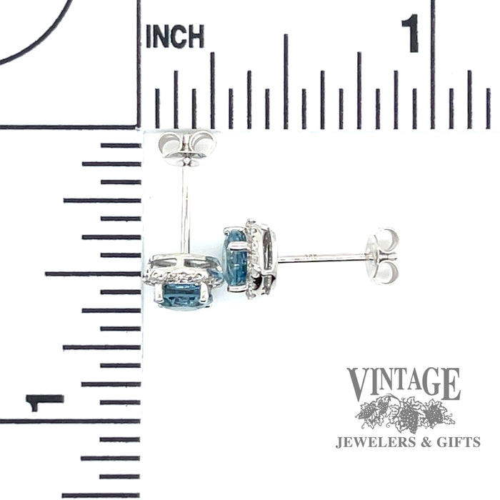 Blue topaz and diamond 14kw gold halo stud earrings scale