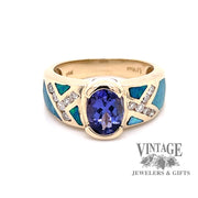 14 karat yellow gold tanzanite, inlay opal and diamond ring