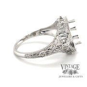 14 karat white gold Edwardian inspired filigree 9x7 mm solitaire ring mounting, side view