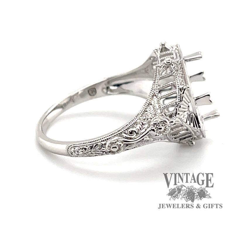 14 karat white gold Edwardian inspired filigree 9x7 mm solitaire ring mounting, side view