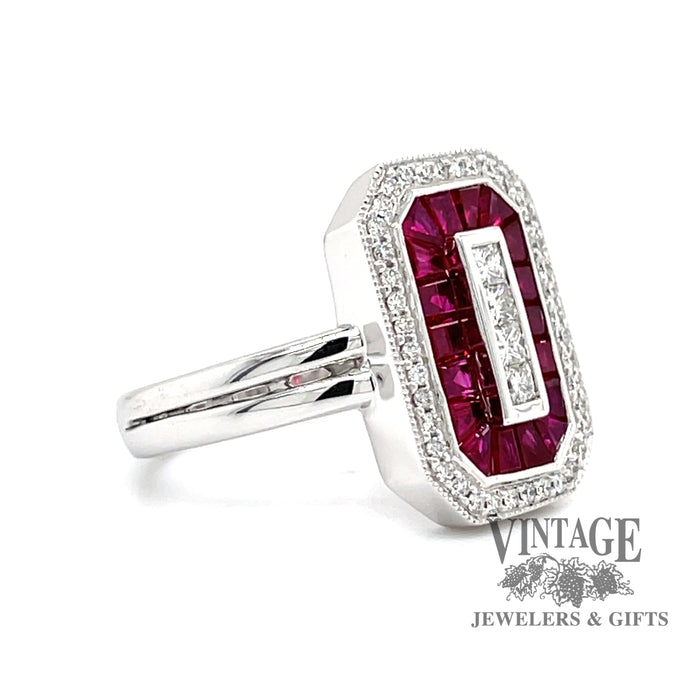 Vintage inspired 14 karat white gold natural ruby and diamond octagonal shape ring, angled view