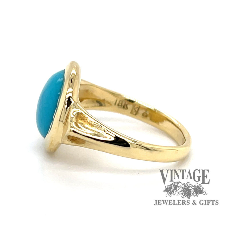 18 karat yellow gold turquoise cabachon bezel set ring, side view