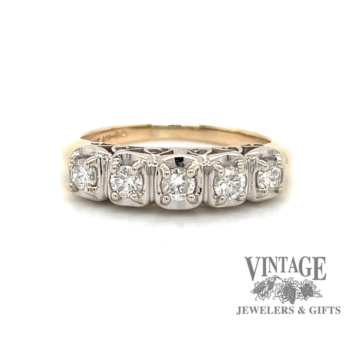 Vintage illusion straight diamond band in two tone 14k gold