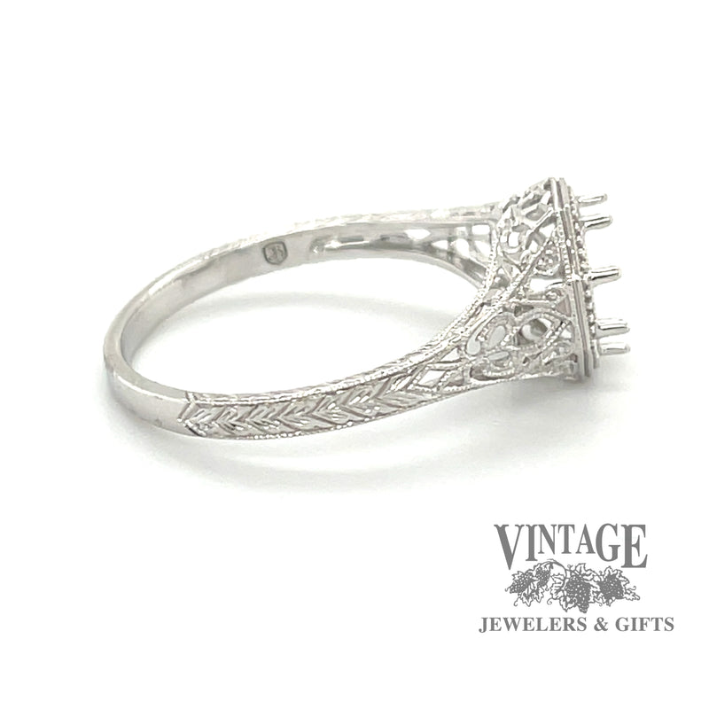 14 karat white gold octagonal shape filigree solitaire ring mounting, side view