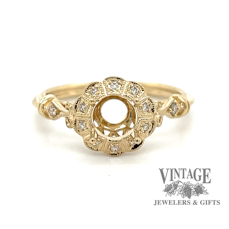 Scalloped diamond halo 14ky gold ring
