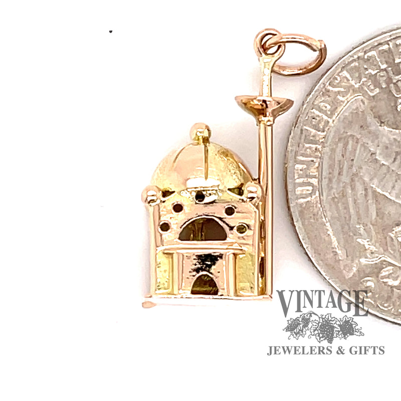 Mosque charm in 14ky gold quarter for scale