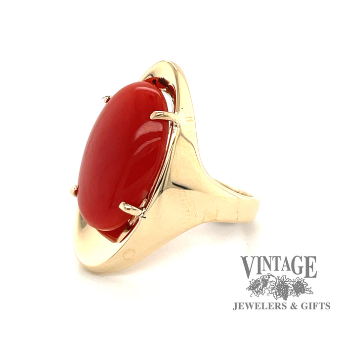 Red coral 14ky gold contemporary ring angle