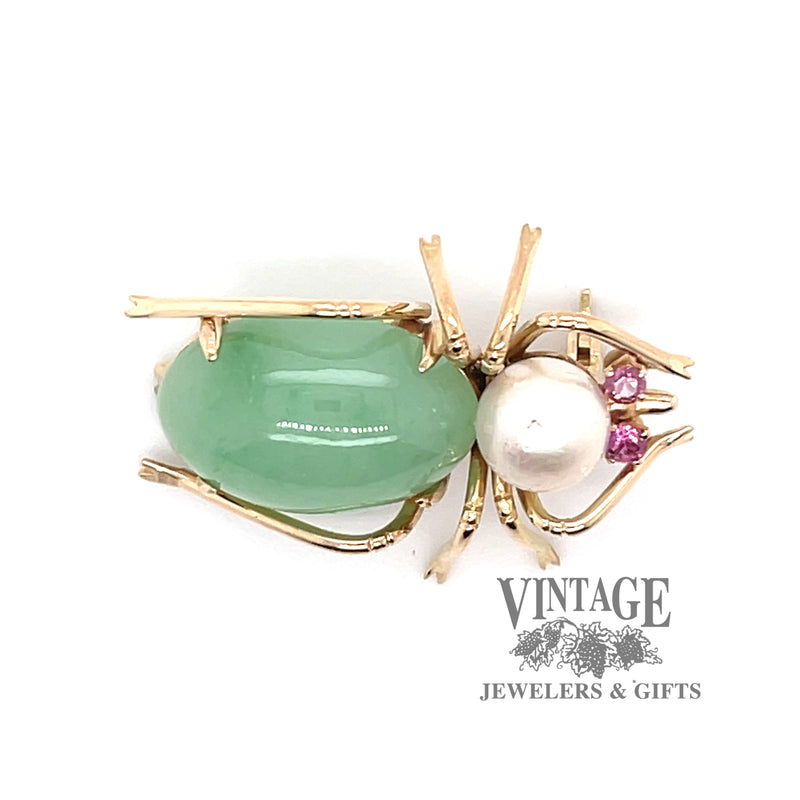 Jadeite pearl and ruby 14ky gold beetle pin