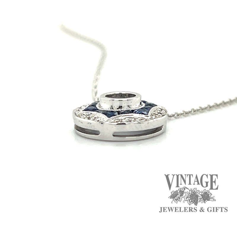 Diamond and sapphire vintage inspired 14kw gold necklace side