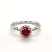 14 karat white gold oval ruby diamond halo ring, front