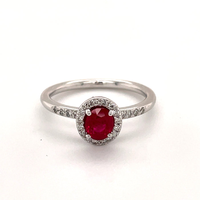 14 karat white gold oval ruby diamond halo ring, front