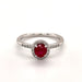 14 karat white gold oval ruby diamond halo ring, front