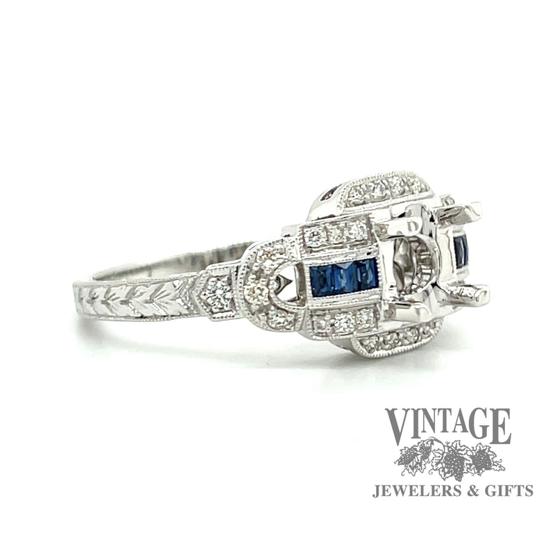 Diamond and sapphire hand engraved 14kw gold semi mount ring angle