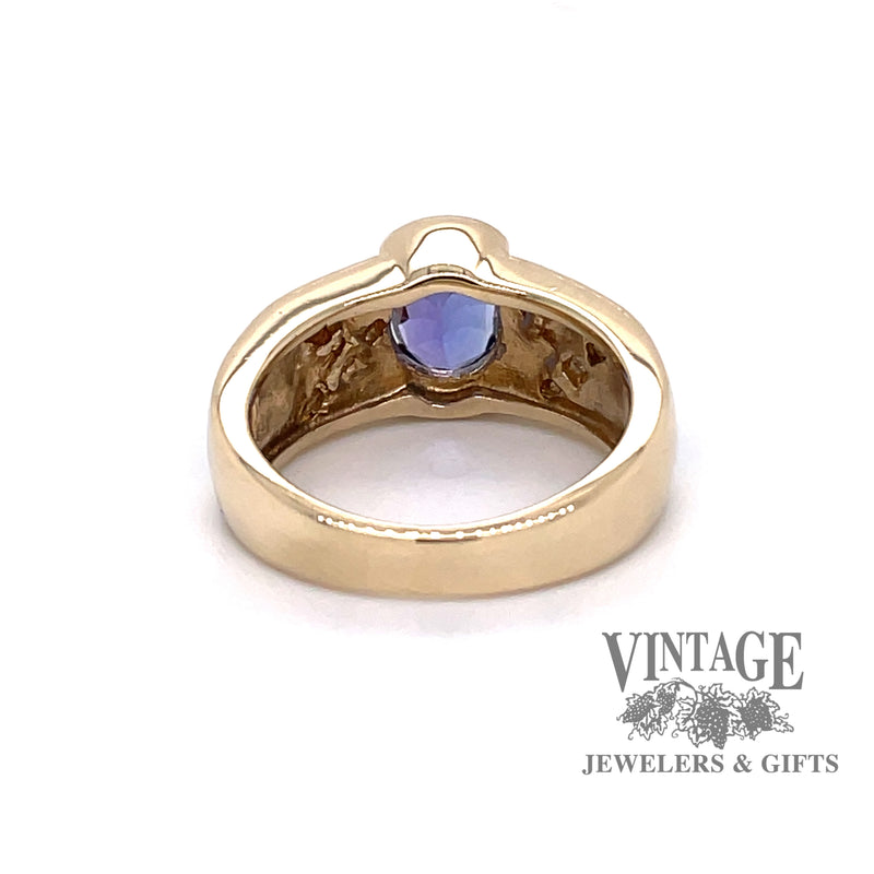 14 karat yellow gold tanzanite, inlay opal and diamond ring, rear view