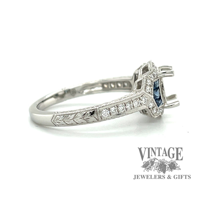 Platinum sapphire and diamond vintage Inspired hand engraved ring mounting, side view