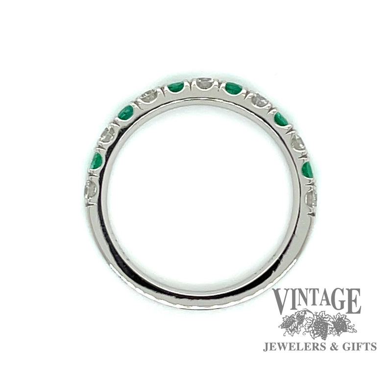 Emerald and diamond pave platinum ring "U" cut split prong pave