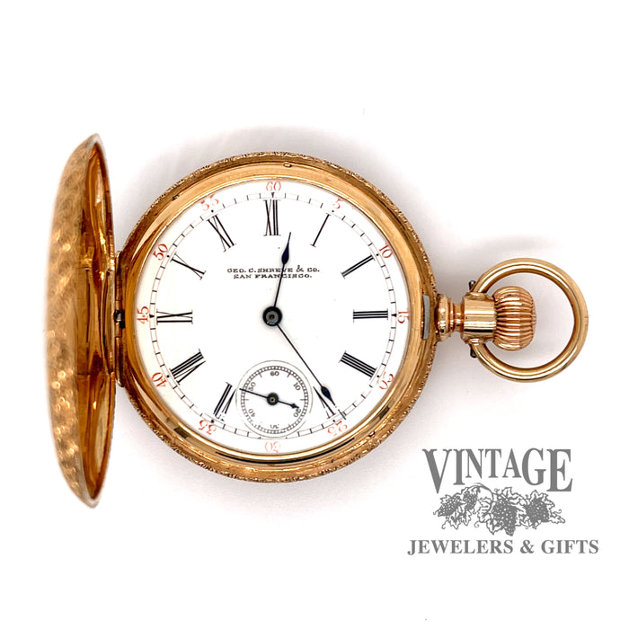 American Waltham Pocket watch in 14k multi color gold case, open front view, looking directly at dial.