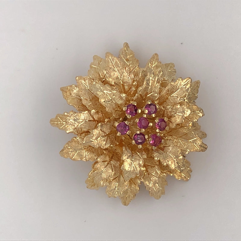 Yellow gold estate floral leaf brooch.