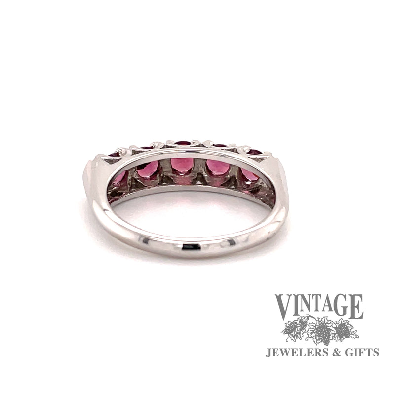 Rear view of 14 karat white gold estate rhodolite garnet 5 stone ring,