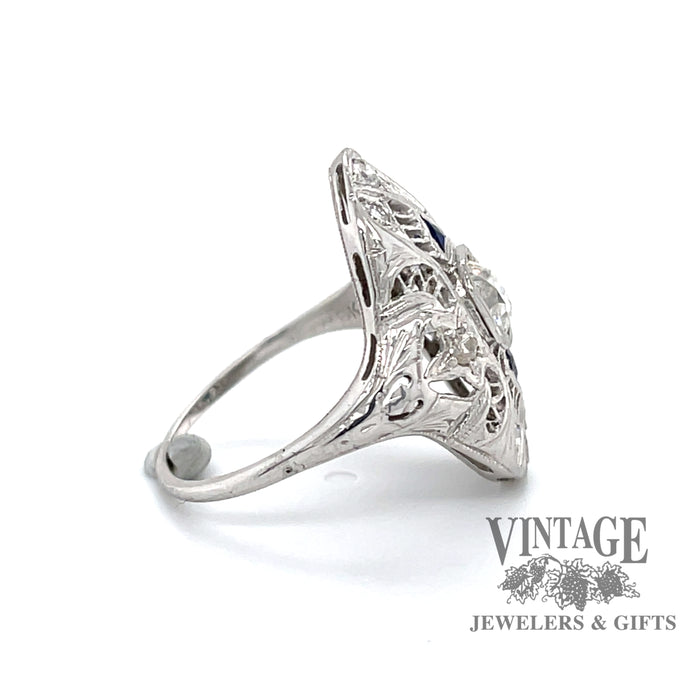 Vintage 18k white gold filigree OEC diamond and sapphire ring, side view