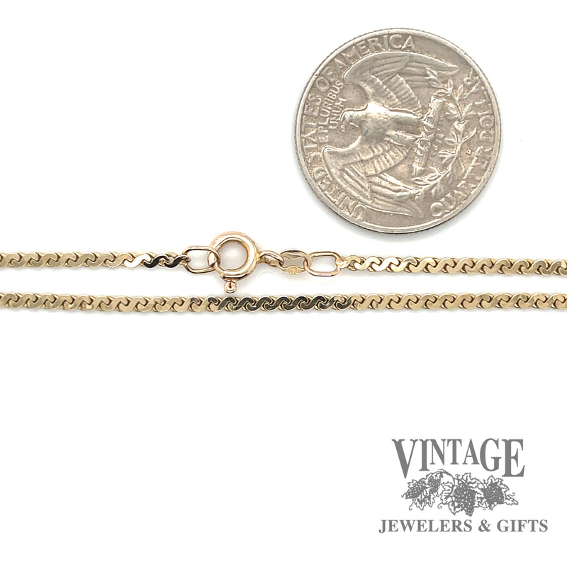 23” serpentine 1.8 mm 14ky gold chain quarter for scale