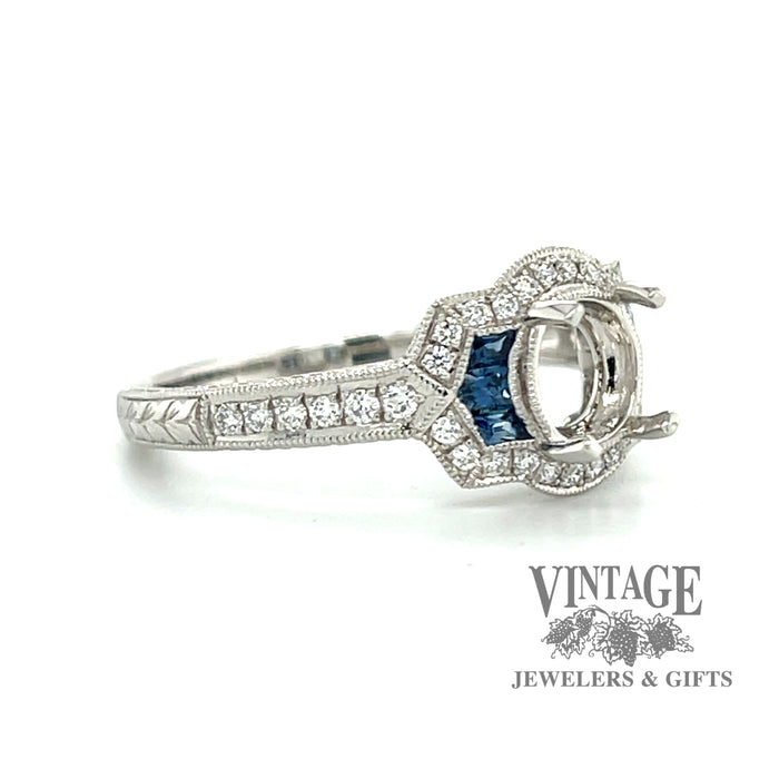 Platinum sapphire and diamond vintage Inspired hand engraved ring mounting, angled view