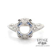 14 karat white gold hand engraved diamond and sapphire ring semi mount 