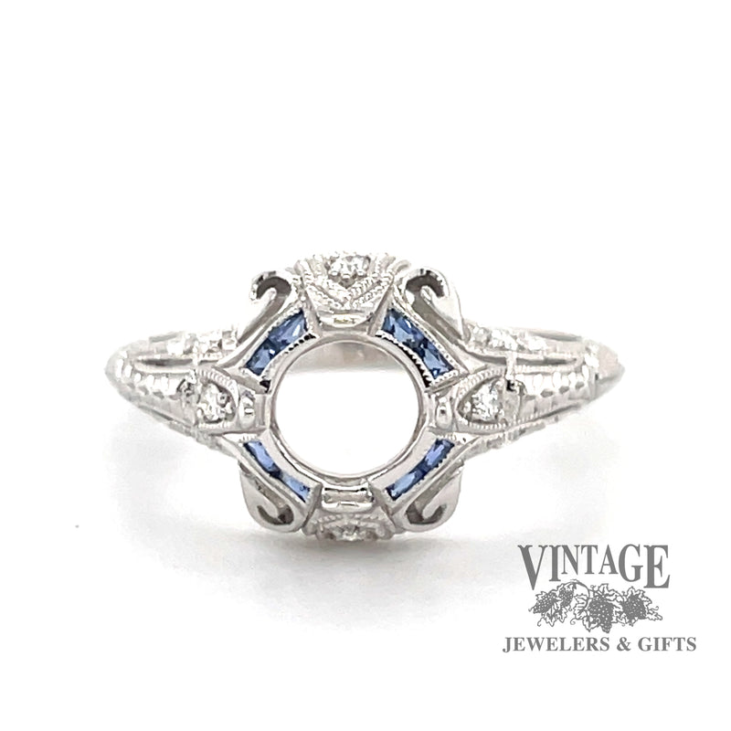 14 karat white gold hand engraved diamond and sapphire ring semi mount 
