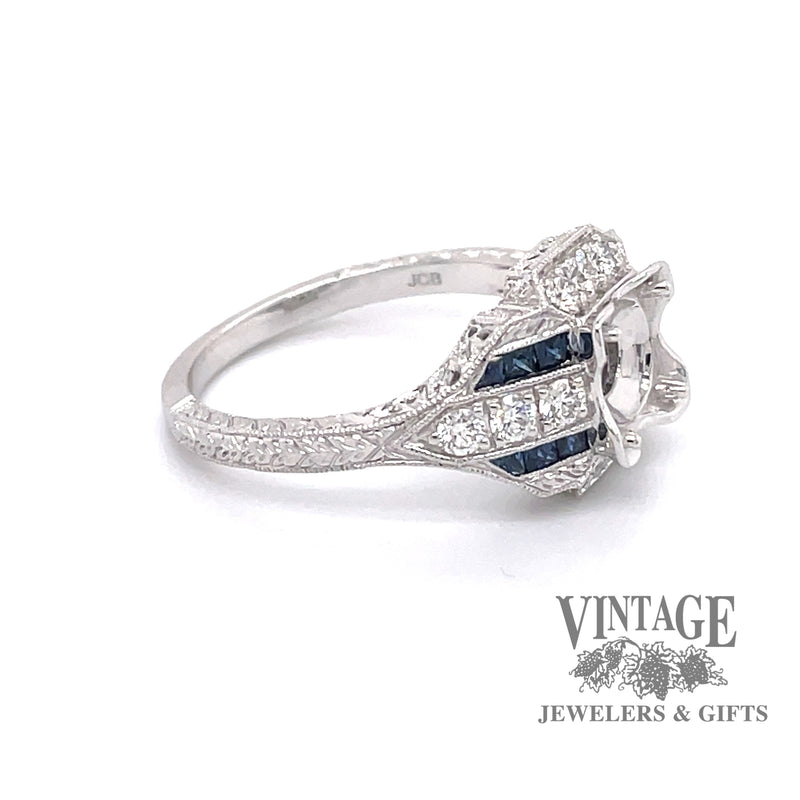 14 karat white gold diamond and sapphire hand engraved semi-mount ring, side view