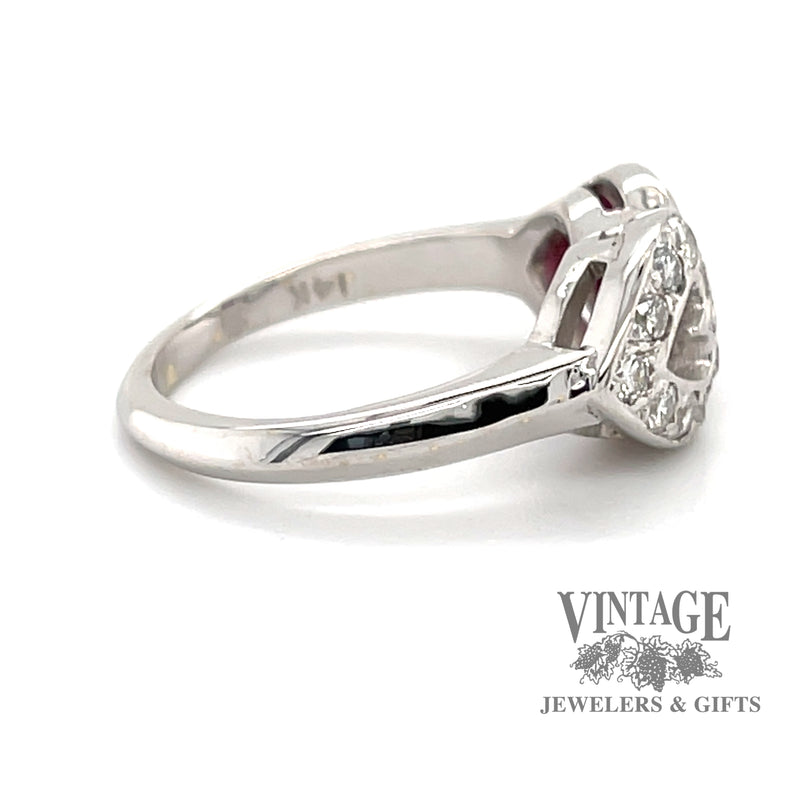 14 karat white gold mirrored hearts ruby and diamond ring, side view