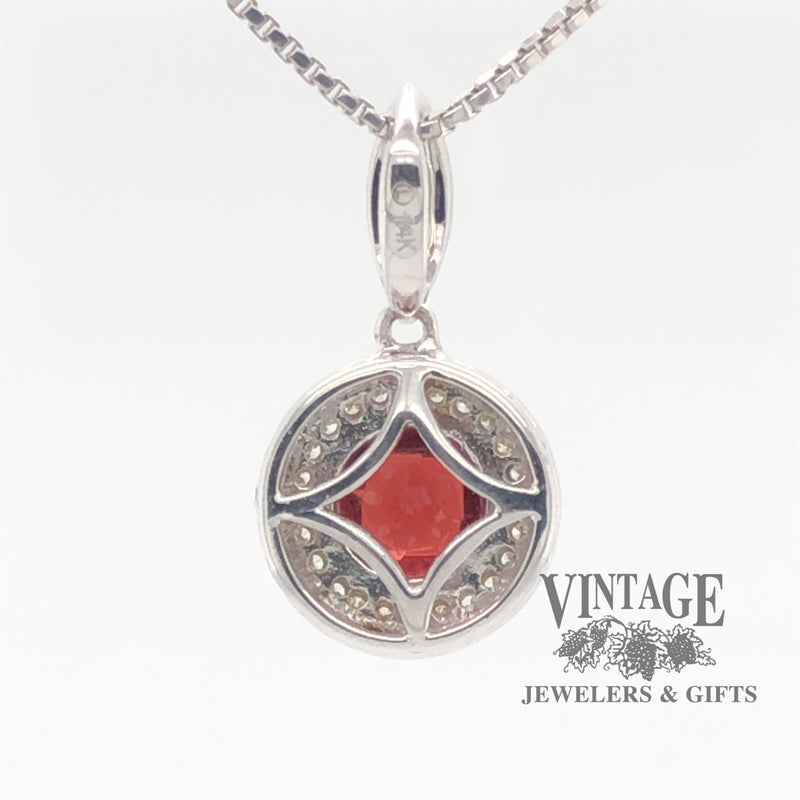 14 karat white gold 1.5 carat garnet and diamond halo pendant, back view
